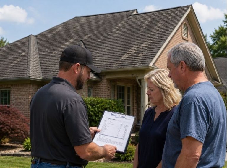 Professional roofer reviewing a roof replacement estimate with homeowners outside a suburban brick home in Spring Hill, Tennessee, showing worn architectural shingles in a clear daylight neighborhood setting.