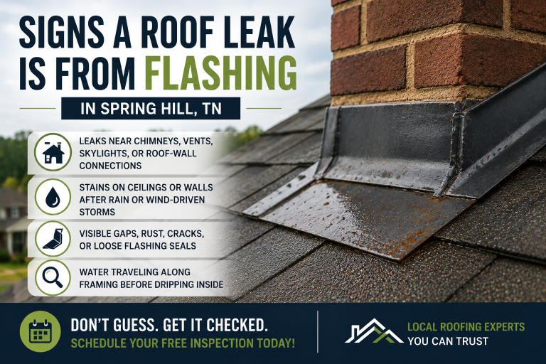 What Are Common Signs a Roof Leak Is Coming From Flashing Instead of Shingles in Spring Hill, TN?