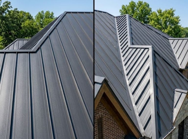 Comparison of charcoal snap-lock (left) and mechanical-lock (right) standing seam metal roofs on a luxury home.