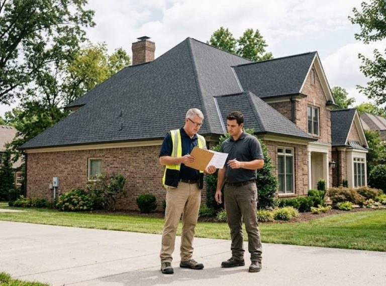 City building inspector and roofing contractor reviewing permit on clipboard in front of a Brentwood, TN home with a new shingle roof.
