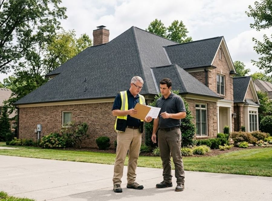 City building inspector and roofing contractor reviewing permit on clipboard in front of a Brentwood, TN home with a new shingle roof.
