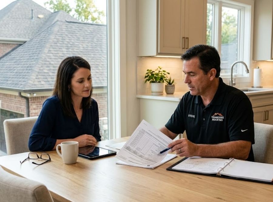Contractor reviewing a roof insurance estimate with a homeowner in Brentwood, Tennessee.