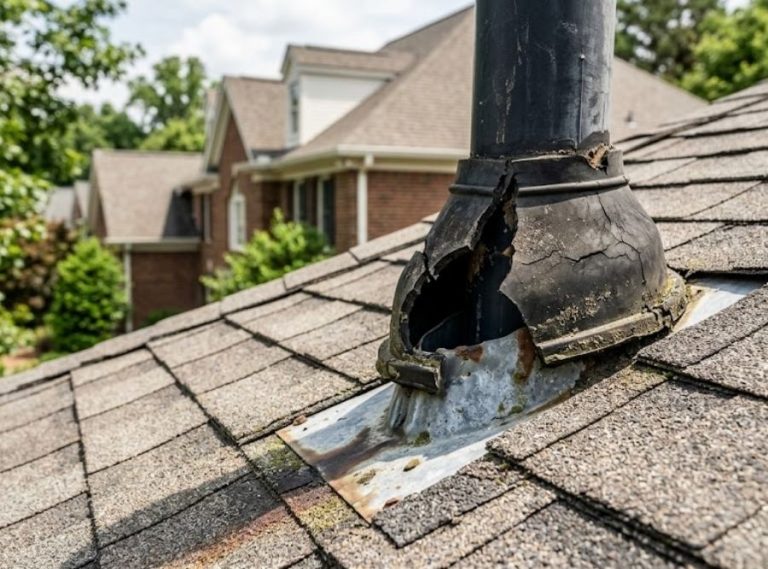 Cracked black rubber pipe boot and metal flashing on an architectural shingle roof.