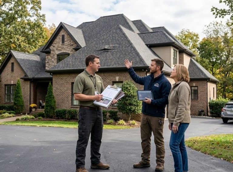 Insurance adjuster and local contractor reviewing roof storm damage with a Brentwood home owner.
