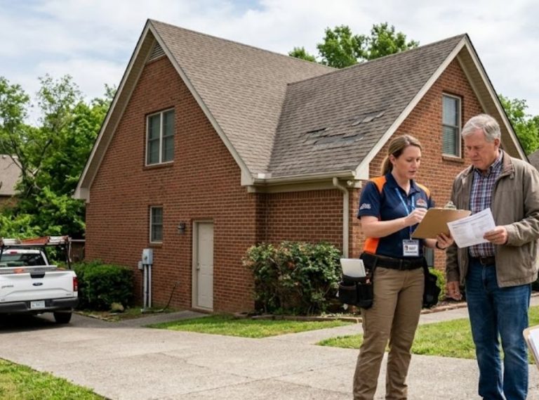 Professional roofer reviewing insurance estimate with homeowner after storm roof damage.
