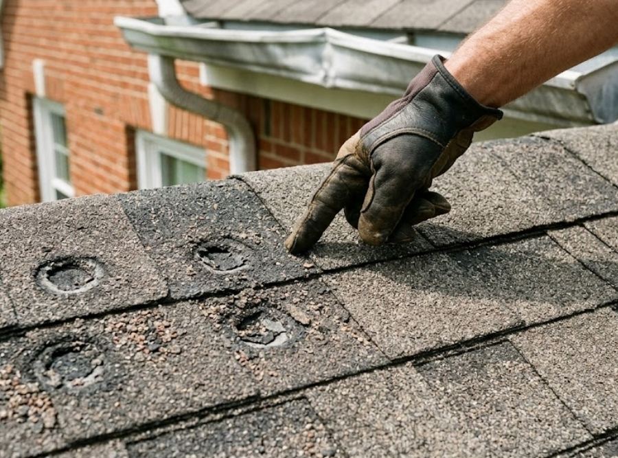 Roofer inspecting hail damage and granule loss on a Franklin TN brick home roof.
