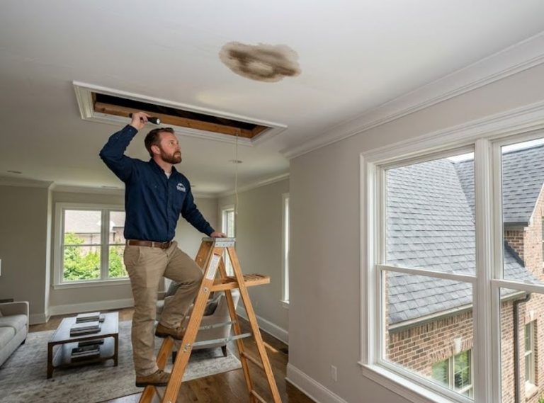 Roofer inspecting a ceiling water leak and attic access inside a home.