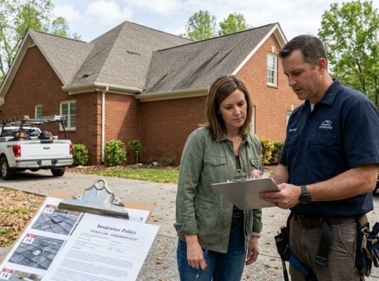 Professional roofer reviewing insurance documents and storm damage photos with a homeowner in Franklin, Tennessee.