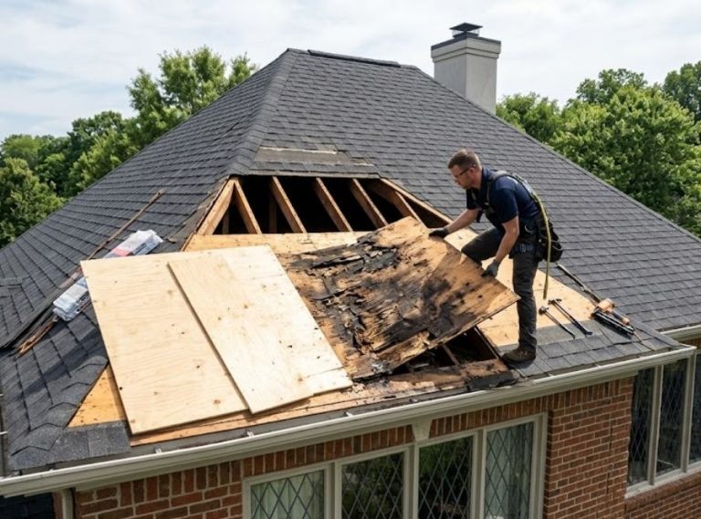 Roofing professional replacing rotten plywood deck panel on a brick home roof.