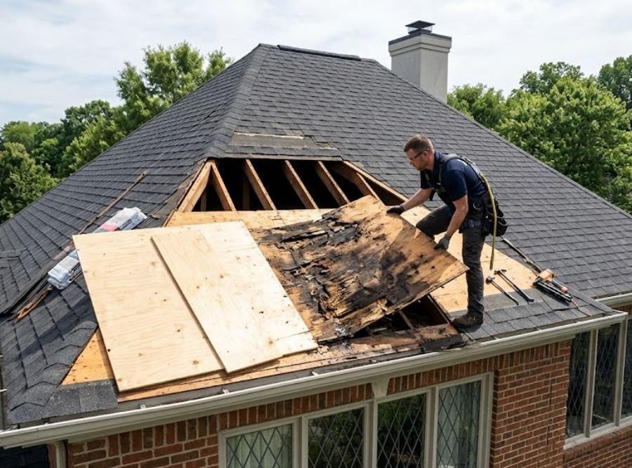 Roofing professional replacing rotten plywood deck panel on a brick home roof.